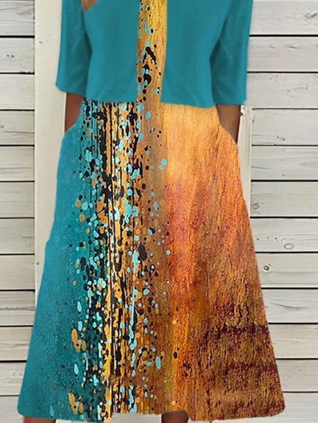 Women's Two Piece Dress Set Casual Dress Dress Set Daily Holiday Fashion Modern Print Midi Dress V Neck Half Sleeve Painting Regular Fit Green Summer Spring S M L XL XXL 3 Women's Two Piece Dress Set Casual Dress Dress Set Daily Holiday Fashion Modern Print Midi Dress V Neck Half Sleeve Painting Regular Fit Green Summer Spring S M L XL XXL - Image 3