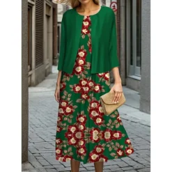 Women's Two Piece Dress Set Casual Dress Swing Dress Outdoor Office Fashion Streetwear Print Midi Dress Crew Neck 3/4 Length Sleeve Floral Regular Fit Red Green Fall Winter S M L XL XXL -Party Prom Dresses Sales Store hwzuei1695644969941