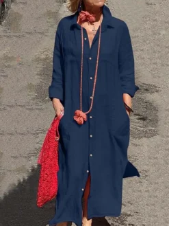Women's Shirt Dress Casual Dress Cotton Linen Dress Maxi Long Dress Linen / Cotton Blend Daily Casual Daily Outdoor Daily Vacation Shirt Collar Button Pocket Long Sleeve Spring Fall Winter 2023 Loose -Party Prom Dresses Sales Store hxpooc1692776372678