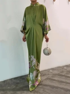 Women's Prom Dress Party Dress Satin Dress Long Dress Maxi Dress Green Long Sleeve Floral Button Spring Fall Winter Stand Collar Party Wedding Guest Fall Dress 2023 S M L XL XXL 3XL