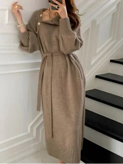 Women‘s Sweater Dress Winter Dress Sheath Dress Knee Length Dress Black Khaki Beige Long Sleeve Pure Color Button Fall Winter Autumn Turtleneck Stylish Winter Dress Fall Dress Loose Fit 2023 One-Size