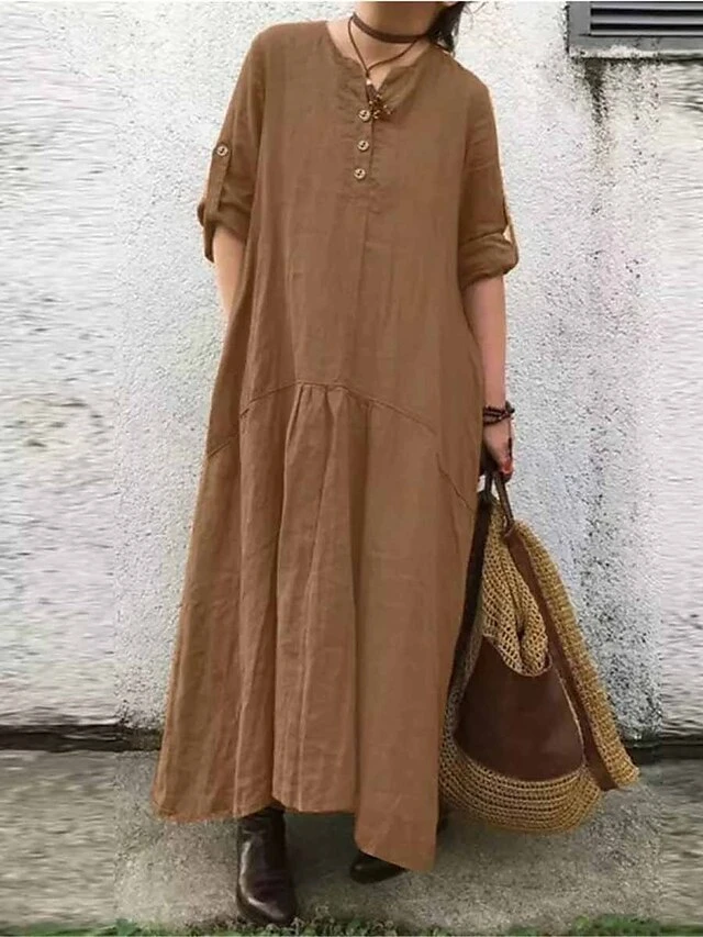 Women's Casual Dress Cotton Linen Dress Black Dress Maxi Long Dress Cotton Blend Basic Casual Outdoor Daily V Neck Button Pocket Long Sleeve Summer Spring Fall 2023 Loose Fit ArmyGreen Navy Blue Khaki 3 Women's Casual Dress Cotton Linen Dress Black Dress Maxi Long Dress Cotton Blend Basic Casual Outdoor Daily V Neck Button Pocket Long Sleeve Summer Spring Fall 2023 Loose Fit ArmyGreen Navy Blue Khaki - Image 3