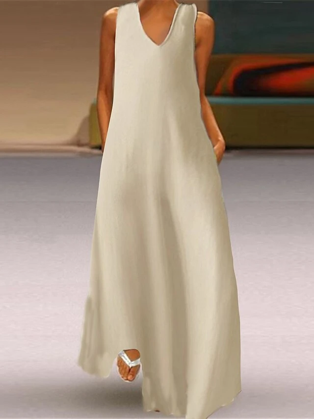 Women's Casual Dress Cotton Linen Dress Swing Dress Maxi Long Dress Cotton Blend Basic Modern Outdoor Daily Vacation V Neck Basic Sleeveless Summer Spring 2023 Regular Fit Black Wine Khaki Plain S M 2 Women's Casual Dress Cotton Linen Dress Swing Dress Maxi Long Dress Cotton Blend Basic Modern Outdoor Daily Vacation V Neck Basic Sleeveless Summer Spring 2023 Regular Fit Black Wine Khaki Plain S M - Image 2