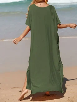 Women's White Dress A Line Dress Cover Up Long Dress Maxi Dress Cotton Basic Casual Outdoor Daily Vacation V Neck Split 3/4 Length Sleeve Summer Spring Fall 2022 Loose Fit Black White Yellow Plain -Party Prom Dresses Sales Store hzqibj1672828153382