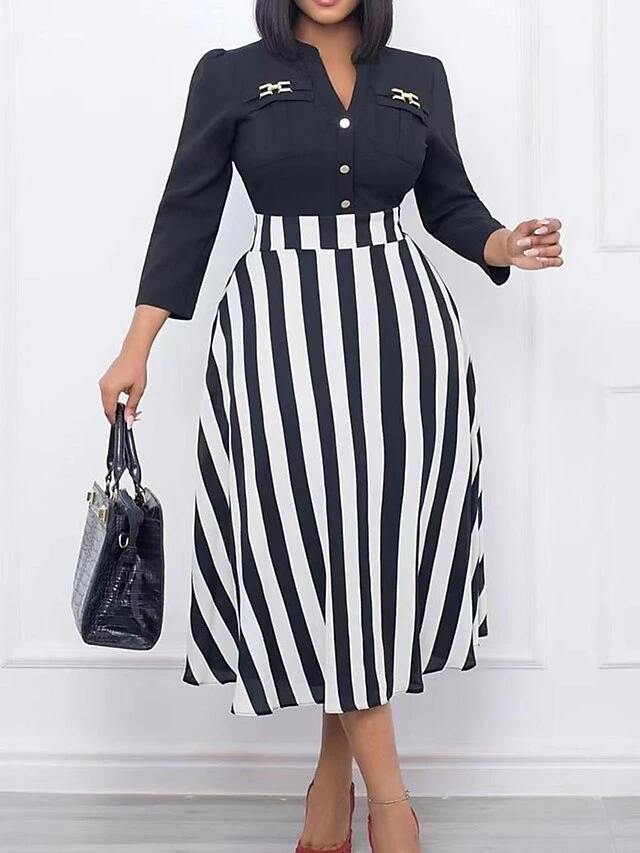 Women's Work Dress Swing Dress Semi Formal Dress Fashion Midi Dress Button Fake Two Piece V Neck Long Sleeve Stripe Regular Fit Black Fall Winter L XL XXL 4 Women's Work Dress Swing Dress Semi Formal Dress Fashion Midi Dress Button Fake Two Piece V Neck Long Sleeve Stripe Regular Fit Black Fall Winter L XL XXL - Image 4