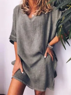 Women's Cotton Linen Dress A Line Dress Mini Dress Cotton Blend Casual Comfort Home Daily Crew Neck Rolled Cuff Half Sleeve Summer Spring Loose Fit White Pink Blue Pure Color S M L XL 2XL -Party Prom Dresses Sales Store iacbep1654067366106