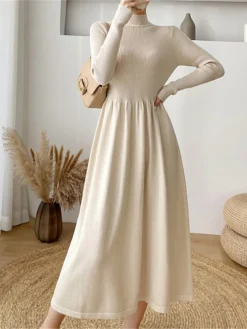 Women's Sweater Dress Jumper Dress Casual Dress Midi Dress Fashion Plain Outdoor Daily Going Out Turtleneck Long Sleeve 2023 Loose Fit Black Apricot One Size -Party Prom Dresses Sales Store iajwty1695630304840