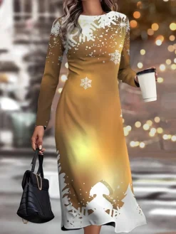 Women's Christmas Work Dress Casual Dress Semi Formal Dress Fashion Winter Dress Daily Midi Dress Print Crew Neck Long Sleeve Snowman Christmas Tree Slim Black Red Gold Fall Winter S M L XL XXL -Party Prom Dresses Sales Store ibprmn1695363294849