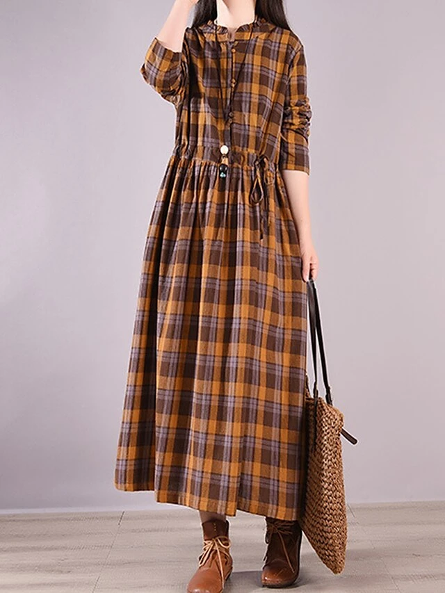 Women's Casual Dress Cotton Linen Dress Plaid Dress Midi Dress Linen / Cotton Blend Fashion Basic Outdoor Daily Holiday Stand Collar Pocket Print Long Sleeve Fall Winter Autumn 2023 Loose Fit Yellow 7 Women's Casual Dress Cotton Linen Dress Plaid Dress Midi Dress Linen / Cotton Blend Fashion Basic Outdoor Daily Holiday Stand Collar Pocket Print Long Sleeve Fall Winter Autumn 2023 Loose Fit Yellow - Image 7