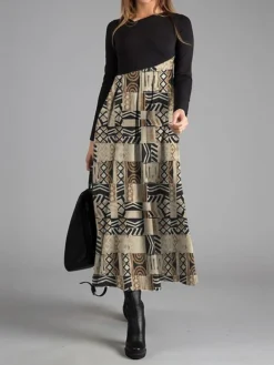 Women's Work Dress Casual Dress Swing Dress Fashion Winter Dress Daily Long Dress Maxi Dress Button Print V Neck Long Sleeve Geometric Color Block Regular Fit Blue Green Khaki Fall Winter S M L XL XXL