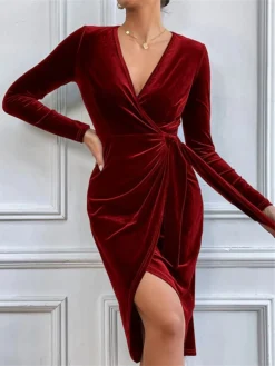Women‘s Christmas Party Dress Velvet Dress Cocktail Dress Midi Dress Wine Long Sleeve Pure Color Lace Up Spring Fall Winter V Neck Fashion Winter Dress Wedding Guest Vacation 2023 S M L XL -Party Prom Dresses Sales Store icfybl1692858013283