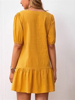 Women's Casual Dress Cotton Linen Dress A Line Dress Mini Dress Cotton Blend Basic Casual Outdoor Daily Crew Neck Ruched Short Sleeve Summer Spring 2023 Loose Fit Black Yellow Sky Blue Plain S M L XL -Party Prom Dresses Sales Store icohht1675927946827