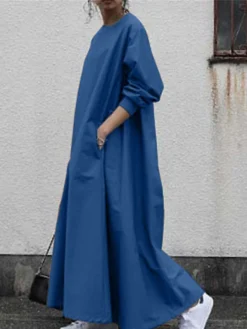 Women's Work Dress Shift Dress Semi Formal Dress Fashion Long Dress Maxi Dress Pocket Crew Neck Long Sleeve Plain Loose Fit Black Brown Light Blue Fall Winter S M L XL XXL -Party Prom Dresses Sales Store icugxy1693895818706