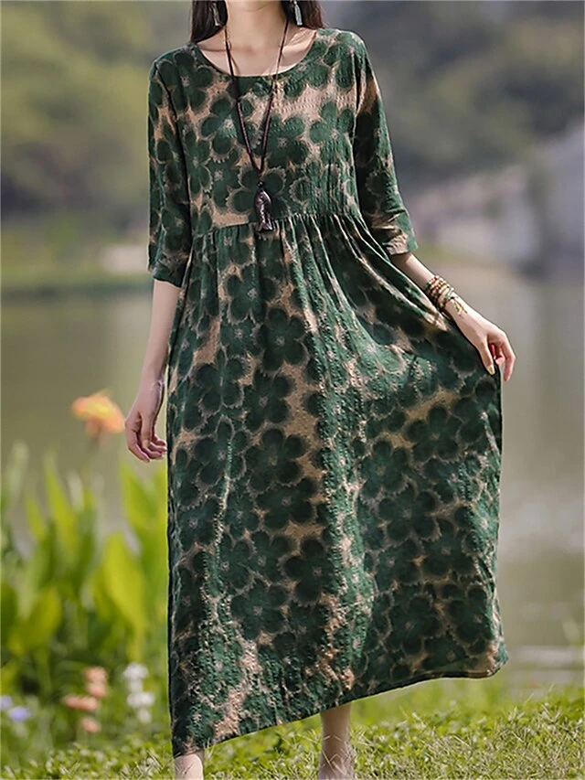 Women's Casual Dress Cotton Linen Dress Swing Dress Midi Dress Linen / Cotton Blend Sweet Style Modern Outdoor Daily Holiday Crew Neck Print 3/4 Length Sleeve Fall Winter Autumn 2023 Loose Fit Light 9 Women's Casual Dress Cotton Linen Dress Swing Dress Midi Dress Linen / Cotton Blend Sweet Style Modern Outdoor Daily Holiday Crew Neck Print 3/4 Length Sleeve Fall Winter Autumn 2023 Loose Fit Light - Image 9