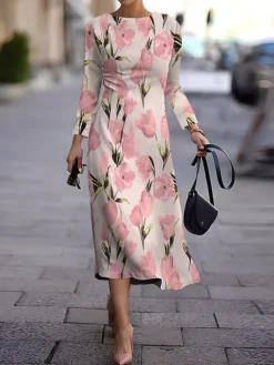 Women's Work Dress Casual Dress Semi Formal Dress Fashion Winter Dress Daily Midi Dress Print Crew Neck Long Sleeve Floral Slim Dark Brown Black White Fall Winter S M L XL XXL -Party Prom Dresses Sales Store iddvlf1694573994300