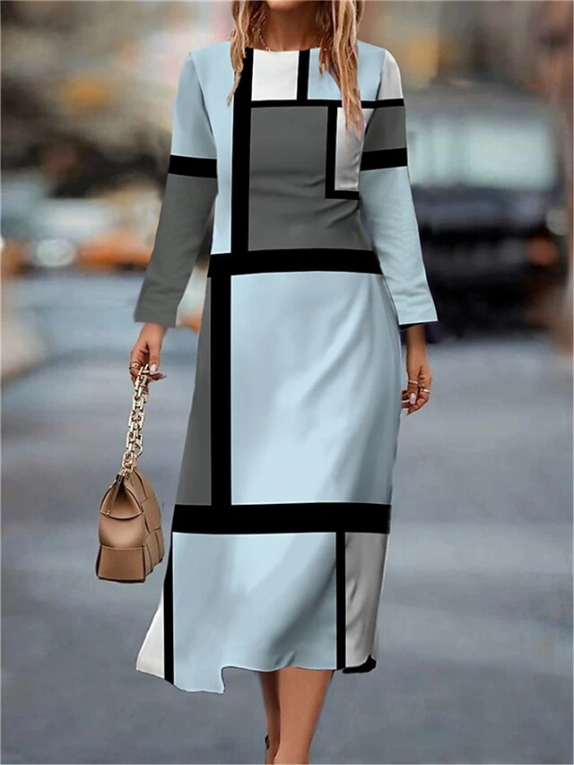 Women's Work Dress Casual Dress Semi Formal Dress Fashion Winter Dress Daily Midi Dress Print Crew Neck Long Sleeve Geometric Plaid Slim Light Pink Pink Blue Fall Winter S M L XL XXL 5 Women's Work Dress Casual Dress Semi Formal Dress Fashion Winter Dress Daily Midi Dress Print Crew Neck Long Sleeve Geometric Plaid Slim Light Pink Pink Blue Fall Winter S M L XL XXL - Image 5