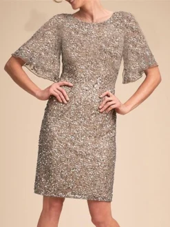Women's Party Dress Sequin Dress Cocktail Dress Midi Dress Silver Half Sleeve Pure Color Sequins Spring Fall Winter Crew Neck Fashion Wedding Guest Vacation 2023 S M L XL XXL 3XL -Party Prom Dresses Sales Store iedejp1697003528145