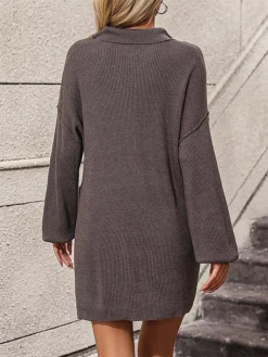 Women's Sweater Dress Winter Dress Jumper Dress Mini Dress Button Pocket Outdoor Street Daily Fashion Streetwear Shirt Collar Long Sleeve 2023 Loose Fit Black White Brown Color S M L XL Size -Party Prom Dresses Sales Store ieqofu1693222730183