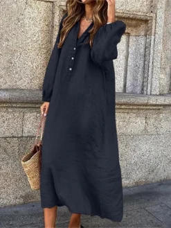 Women's Casual Dress Cotton Linen Dress Loose Dress Midi Dress Linen Cotton Blend Classic Casual Outdoor Daily Vacation V Neck Button Long Sleeve Fall Winter Autumn 2023 Loose Fit ArmyGreen Wine Navy -Party Prom Dresses Sales Store iewrss1697706515877