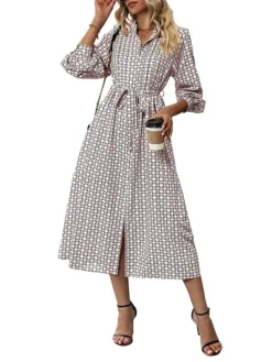 Women's Work Dress Casual Dress Swing Dress Fashion Office Daily Workfashion Midi Dress Lace Up Button Shirt Collar Long Sleeve Print Loose Fit Apricot Fall Winter S M L XL -Party Prom Dresses Sales Store ifmpln1695096214697