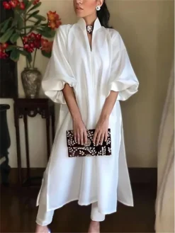 Women's Party Dress Work Dress Satin Dress Midi Dress White 3/4 Length Sleeve Pure Color Split Summer Spring Fall Split Neck Fashion Wedding Guest Vacation Summer Dress Loose Fit 2023 S M L XL XXL 3XL