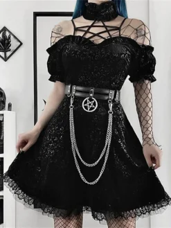 Women's Party Dress Velvet Dress Cocktail Dress Mini Dress Black Short Sleeve Pure Color Lace Spring Fall Winter Halter Neck Fashion Halloween Birthday Wedding Guest 2023 S M L -Party Prom Dresses Sales Store igbaei1693983144831