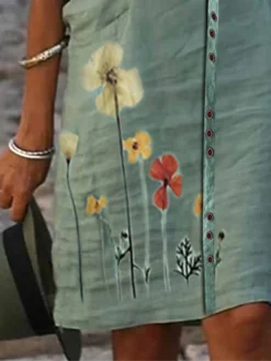 Women's Cotton Linen Dress Casual Dress Shift Dress Midi Dress Cotton Blend Fashion Casual Outdoor Daily Crew Neck Button Print Half Sleeve Summer Spring Fall 2023 Regular Fit Green Floral S M L XL -Party Prom Dresses Sales Store igltck1681380596538