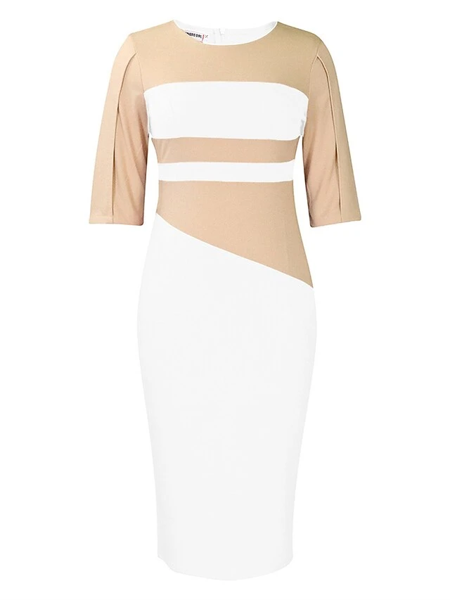 Women's Work Dress Sheath Dress Semi Formal Dress Fashion Midi Dress Patchwork Crew Neck Half Sleeve Color Block Regular Fit Black White Red Fall Winter S M L XL XXL 16 Women's Work Dress Sheath Dress Semi Formal Dress Fashion Midi Dress Patchwork Crew Neck Half Sleeve Color Block Regular Fit Black White Red Fall Winter S M L XL XXL - Image 16