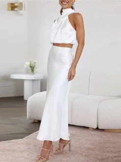 Women's Two Piece Dress Set Casual Dress Skirt Set Daily Holiday Fashion Sexy Ruched Long Dress Maxi Dress Stand Collar Sleeveless Plain Regular Fit Black White Light Green Summer Spring S M L XL -Party Prom Dresses Sales Store igxhfg1690857195243