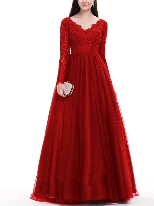 Women‘s Formal Party Dress Wedding Guest Dress Lace Dress Sheath Dress Long Dress Maxi Dress Red Long Sleeve Pure Color Lace Winter Fall Autumn V Neck Winter Dress Slim S M L XL 4 Women‘s Formal Party Dress Wedding Guest Dress Lace Dress Sheath Dress Long Dress Maxi Dress Red Long Sleeve Pure Color Lace Winter Fall Autumn V Neck Winter Dress Slim S M L XL - Image 4