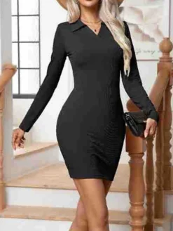Women's Work Dress Casual Dress Sheath Dress Fashion Office Daily Workfashion Mini Dress Ruched Shirt Collar Long Sleeve Plain Regular Fit Black Khaki Army Green Fall Winter S M L XL XXL -Party Prom Dresses Sales Store ihxcei1695267940737