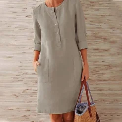 Women‘s Casual Dress Cotton Linen Dress Shift Dress Knee Length Dress Gray Khaki Orange Dark Gray Long Length Sleeve Pure Color Pocket Button Spring Summer Fall Crew Neck Basic Loose S M L XL XXL -Party Prom Dresses Sales Store ihxycc1669034014596