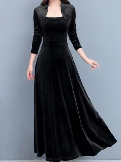 Women's Party Dress Velvet Dress A Line Dress Long Dress Maxi Dress Black Wine Dark Green Long Sleeve Pure Color Ruched Winter Fall Spring Square Neck Stylish Winter Dress Daily 2023 M L XL