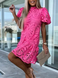 Women's Party Dress Lace Dress Cut Out Dress Mini Dress White Purple Fuchsia Short Sleeve Pure Color Lace Summer Spring Stand Collar Fashion Birthday Wedding Guest Vacation 2023 S M L XL -Party Prom Dresses Sales Store iiphkk1680508500423