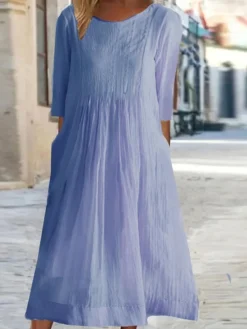 Women's Casual Dress Cotton Linen Dress Swing Dress Midi Dress Cotton Blend Basic Casual Outdoor Daily Crew Neck Ruched Pocket Short Sleeve Summer Spring 2023 Loose Fit White Pink Purple Plain M L XL -Party Prom Dresses Sales Store iiyfpo1676281074248