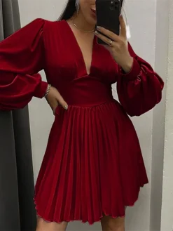 Women's Party Dress Satin Dress Swing Dress Mini Dress Claret Black Blue Long Sleeve Pure Color Pleated Fall Winter Autumn V Neck Stylish Party Winter Dress Birthday 2023 S M L XL 2XL -Party Prom Dresses Sales Store iiynvi1666175473296