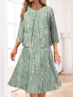 Women's Two Piece Dress Set Casual Dress Swing Dress Outdoor Office Fashion Streetwear Print Midi Dress Crew Neck 3/4 Length Sleeve Floral Regular Fit Pink Green Spring Fall S M L XL XXL