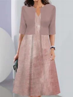 Women's Two Piece Dress Set Casual Dress Tank Dress Outdoor Daily Fashion Streetwear Pocket Print Midi Dress V Neck 3/4 Length Sleeve Stripe Regular Fit Pink Blue Sky Blue Summer Spring S M L XL XXL -Party Prom Dresses Sales Store ijsfif1690441716785
