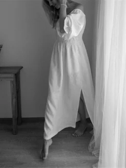 Women's Casual Dress Cotton Linen Dress White Dress Maxi Long Dress Linen / Cotton Blend Basic Classic Outdoor Daily Vacation Off Shoulder Backless Split Half Sleeve Summer Spring Fall 2023 Loose Fit -Party Prom Dresses Sales Store ijuynb1689325822098