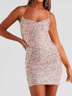 Women‘s Party Dress Sequin Dress Homecoming Dress Wedding Guest Dress Mini Dress Pink Sleeveless Pure Color Sparkly Glitter Sequins Spring Fall Winter Spaghetti Strap Fashion Winter Dress