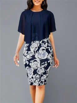 Women's Work Dress Sheath Dress Semi Formal Dress Fashion Midi Dress Print Crew Neck Half Sleeve Floral Slim Pink Navy Blue Fall S M L XL XXL