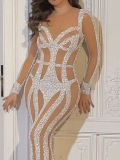 Women‘s Formal Party Dress Sequin Dress Long Dress Maxi Dress Silver Long Sleeve Pure Color Sequins Winter Fall Crew Neck Stylish Hot Fall Dress S M L XL XXL / Winter Dress -Party Prom Dresses Sales Store ikzlxd1657707433040