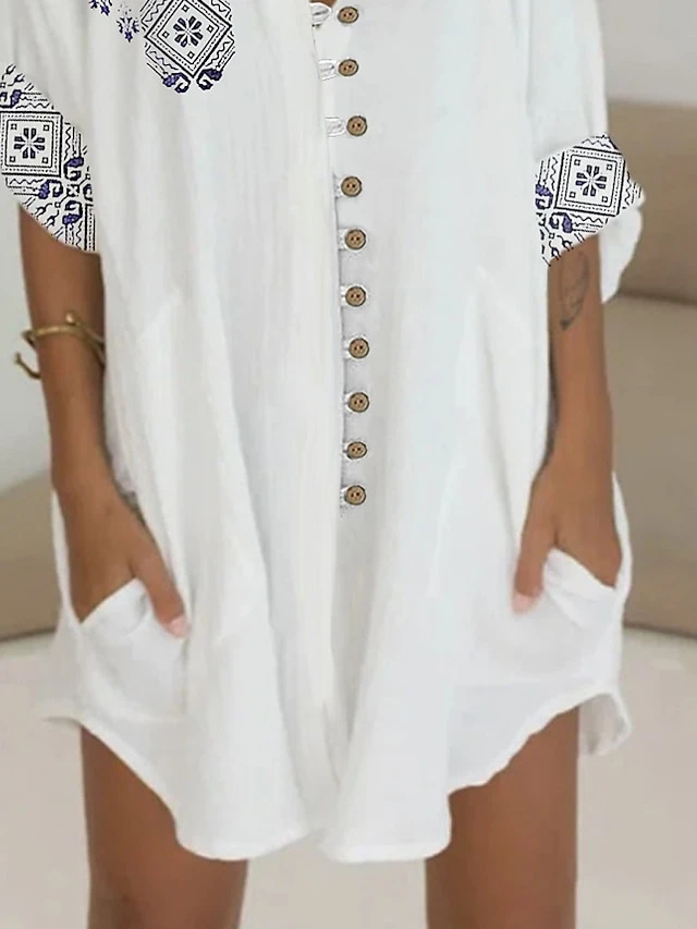Women's Shirt Dress Casual Dress Cotton Dress Mini Dress Cotton Blend Ethnic Style Modern Outdoor Daily Shirt Collar Button Pocket Short Sleeve Summer Spring 2023 Loose Fit White Geometric Tribal S M 3 Women's Shirt Dress Casual Dress Cotton Dress Mini Dress Cotton Blend Ethnic Style Modern Outdoor Daily Shirt Collar Button Pocket Short Sleeve Summer Spring 2023 Loose Fit White Geometric Tribal S M - Image 3