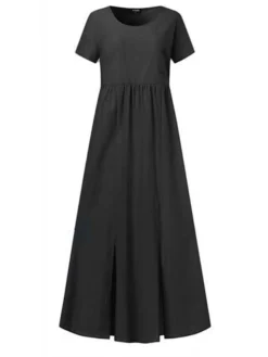 Women's Casual Dress Cotton Linen Dress Maxi Long Dress Polyester Daily Casual Daily Outdoor Home Daily Crew Neck Ruched Pocket Short Sleeve Summer Spring 2023 Regular Fit Black Yellow Plain S M L XL -Party Prom Dresses Sales Store imeuqi1689760737786