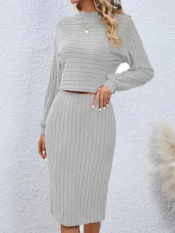 Women's Two Piece Dress Set Casual Dress Skirt Set Outdoor Daily Active Fashion Ribbed Midi Dress Turtleneck Long Sleeve Plain Loose Fit Black Wine Gray Fall Winter S M L XL XXL -Party Prom Dresses Sales Store imgpcc1693294046391