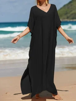 Women's White Dress A Line Dress Cover Up Long Dress Maxi Dress Cotton Basic Casual Outdoor Daily Vacation V Neck Split 3/4 Length Sleeve Summer Spring Fall 2022 Loose Fit Black White Yellow Plain -Party Prom Dresses Sales Store imnied1672828146974