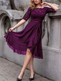 Women's Party Dress Lace Dress Wedding Guest Dress Midi Dress Pink Blue Fuchsia 3/4 Length Sleeve Pure Color Lace Summer Spring Fall Off Shoulder Fashion Birthday Wedding Guest Vacation 2023 S M L XL