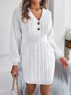 Women's Sweater Dress Winter Dress Jumper Dress Mini Dress Active Pure Color Outdoor Casual Holiday Vacation V Neck Long Sleeve Button 2023 Regular Fit White Pink Green S M L -Party Prom Dresses Sales Store impccm1696926549016
