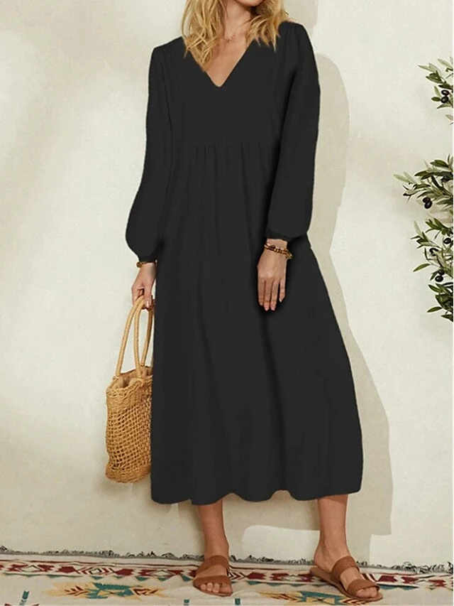 Women's Casual Dress Cotton Linen Dress Midi Dress Cotton Basic Classic Outdoor Daily Vacation V Neck Ruched Long Sleeve Summer Spring Fall 2023 Loose Fit Black White Navy Blue Plain M L XL 2XL 3XL 3 Women's Casual Dress Cotton Linen Dress Midi Dress Cotton Basic Classic Outdoor Daily Vacation V Neck Ruched Long Sleeve Summer Spring Fall 2023 Loose Fit Black White Navy Blue Plain M L XL 2XL 3XL - Image 3