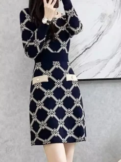 Women's Jumper Dress Knit Dress Midi Dress Daily Houndstooth Casual Daily Turtleneck Long Sleeve Patchwork 2023 Regular Fit Blue One Size